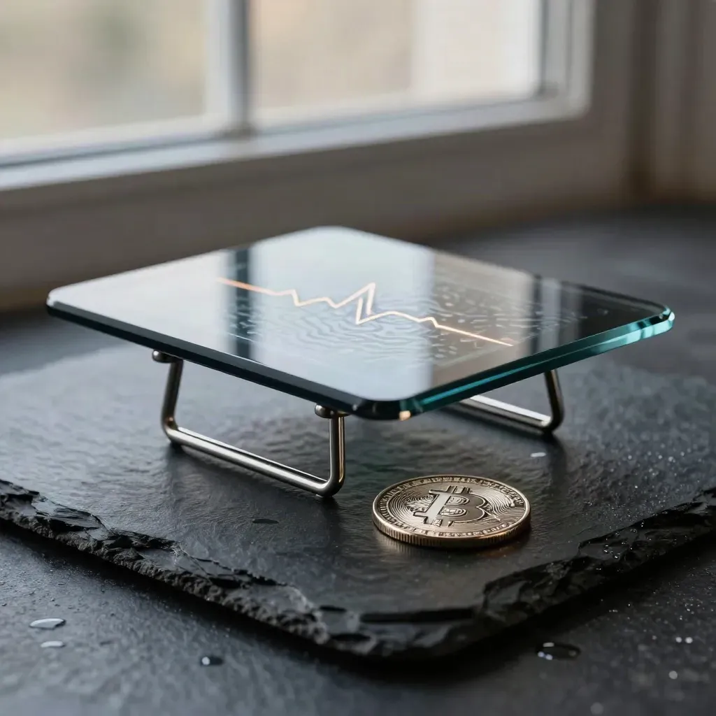 Tablet in vetro fumé su ardesia bagnata con supporto metallico e moneta Bitcoin.