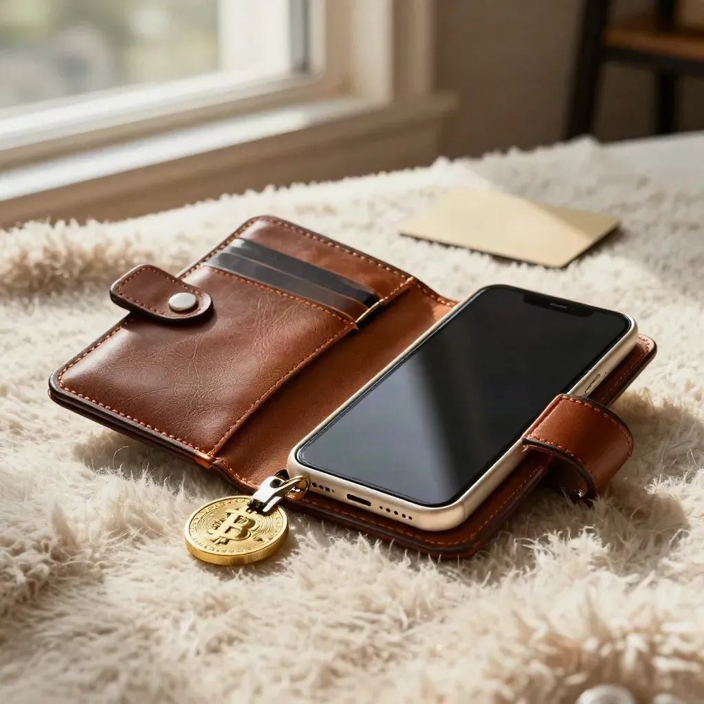 Portafoglio in pelle con gettone brass e telefono crema su lana morbida