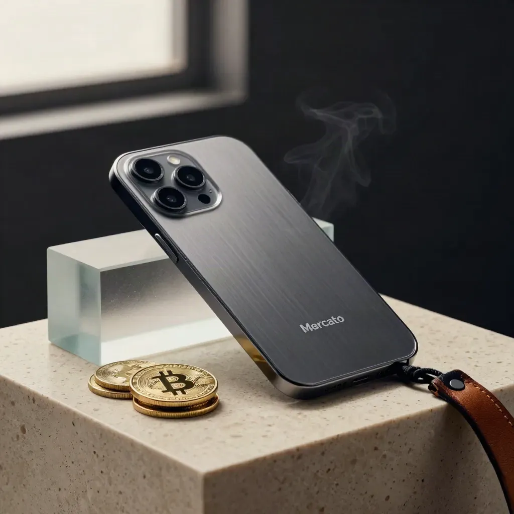 Smartphone in metallo su travertino con monete, vetro satinato e tag in pelle, luce drammatica.