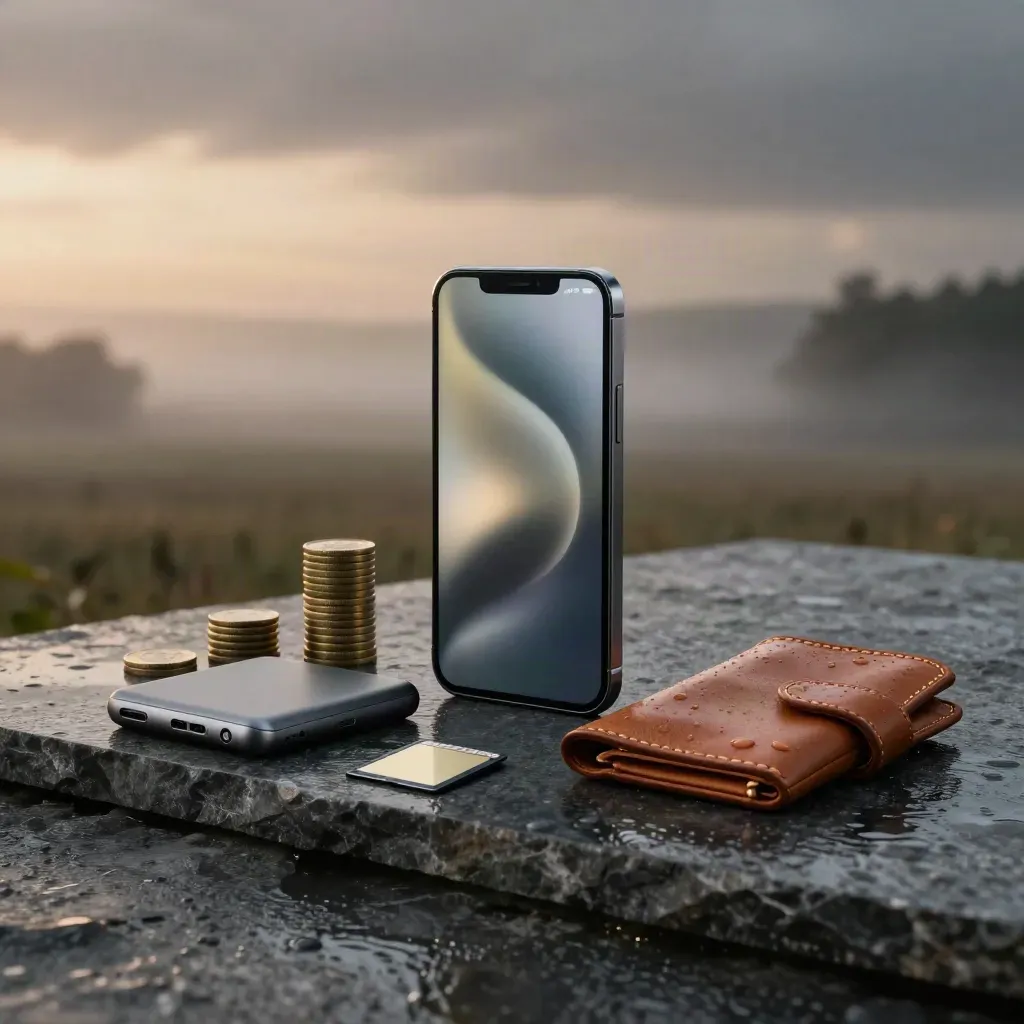 Smartphone grafite con glow di mercato, monete bitcoin e wallet su pietra bagnata all’alba