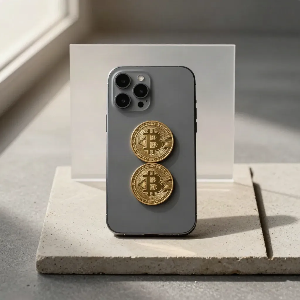 Telefono grafite, due token in ottone e fermaglio portafoglio sospesi su cemento chiaro
