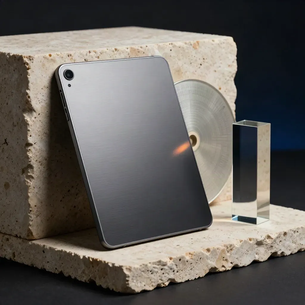 Tablet in metallo su travertino con disco e prisma, luce drammatica e riflessi blu navy.