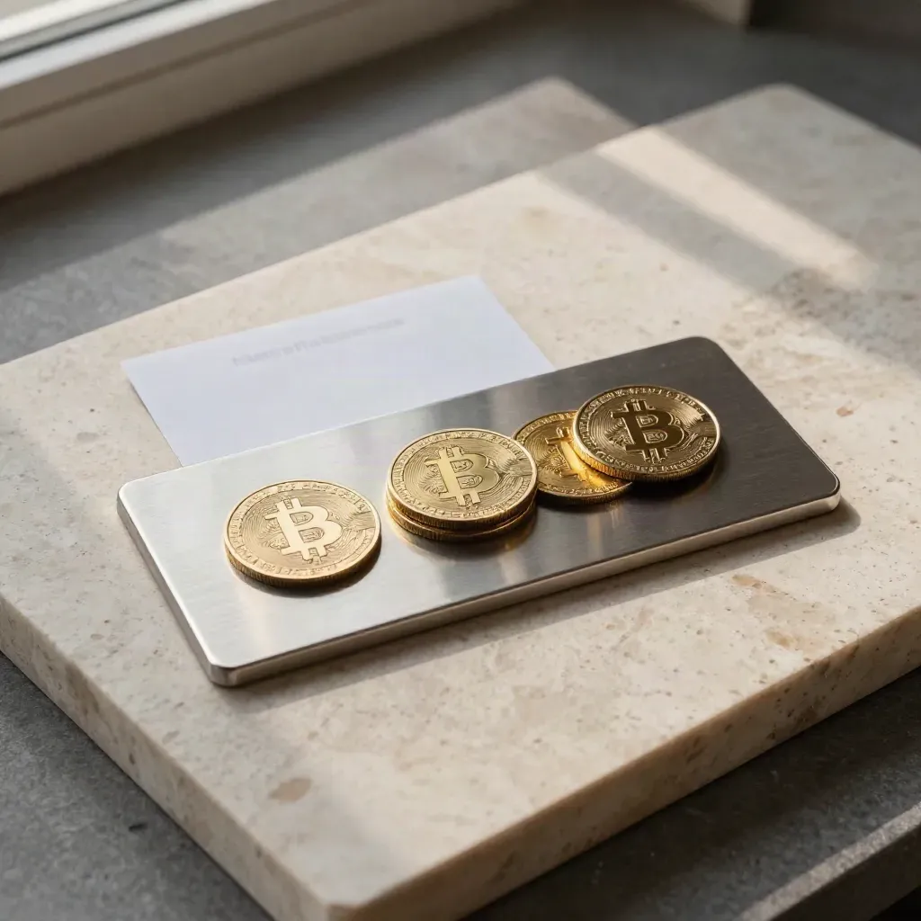 Flatlay overhead con monete e vassoio fee BTC su pietra travertino.
