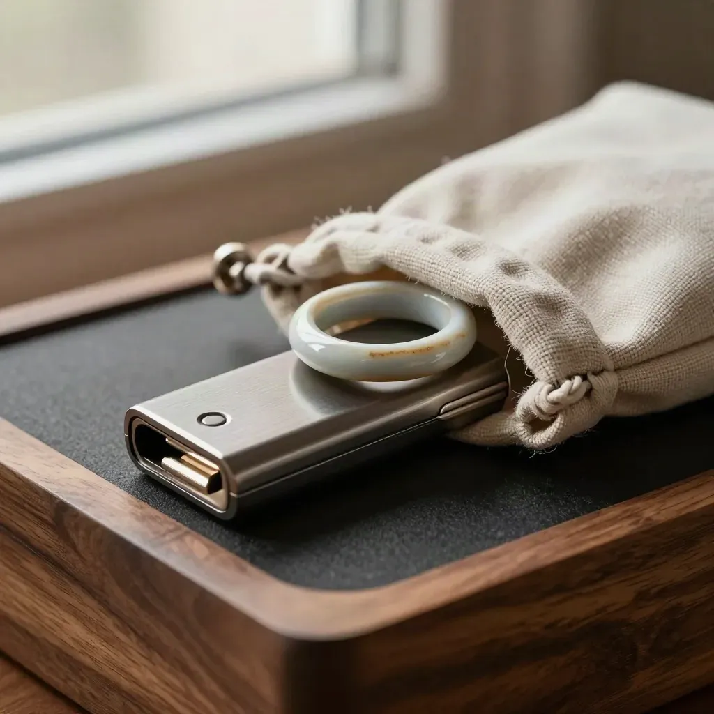 Chiave hardware, anello ceramico e custodia in lino su base scura e calda.