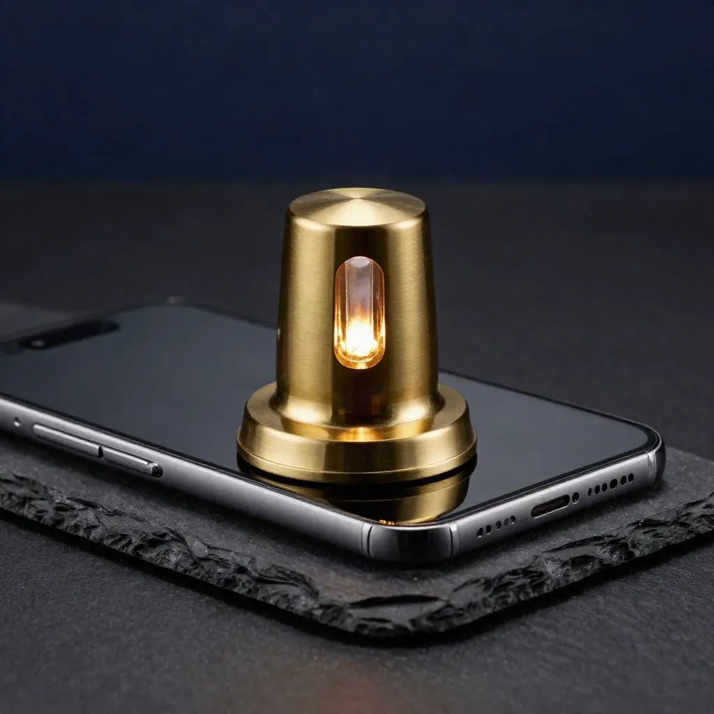 Beacon di allerta bitcoin in ottone su ardesia, con bordo smartphone e luce drammatica.