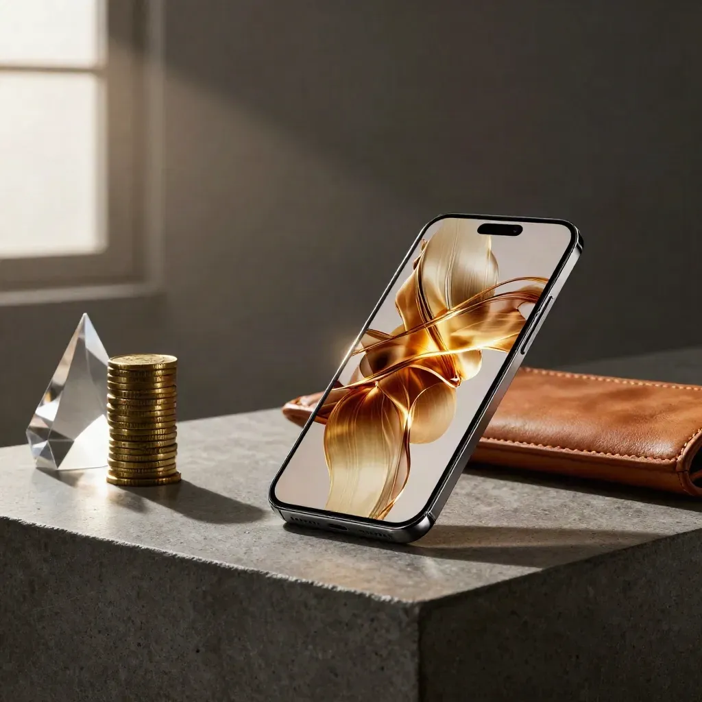 Smartphone premium con monete d’oro, prisma di vetro e custodia in pelle su basamento di pietra scura.