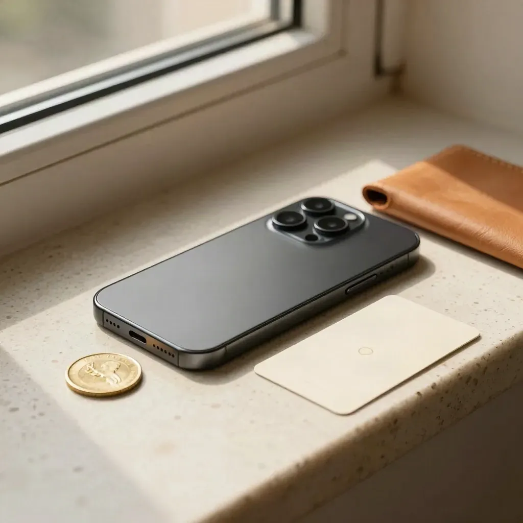 Smartphone in grafite, moneta Bitcoin e custodia in pelle su davanzale in travertino.