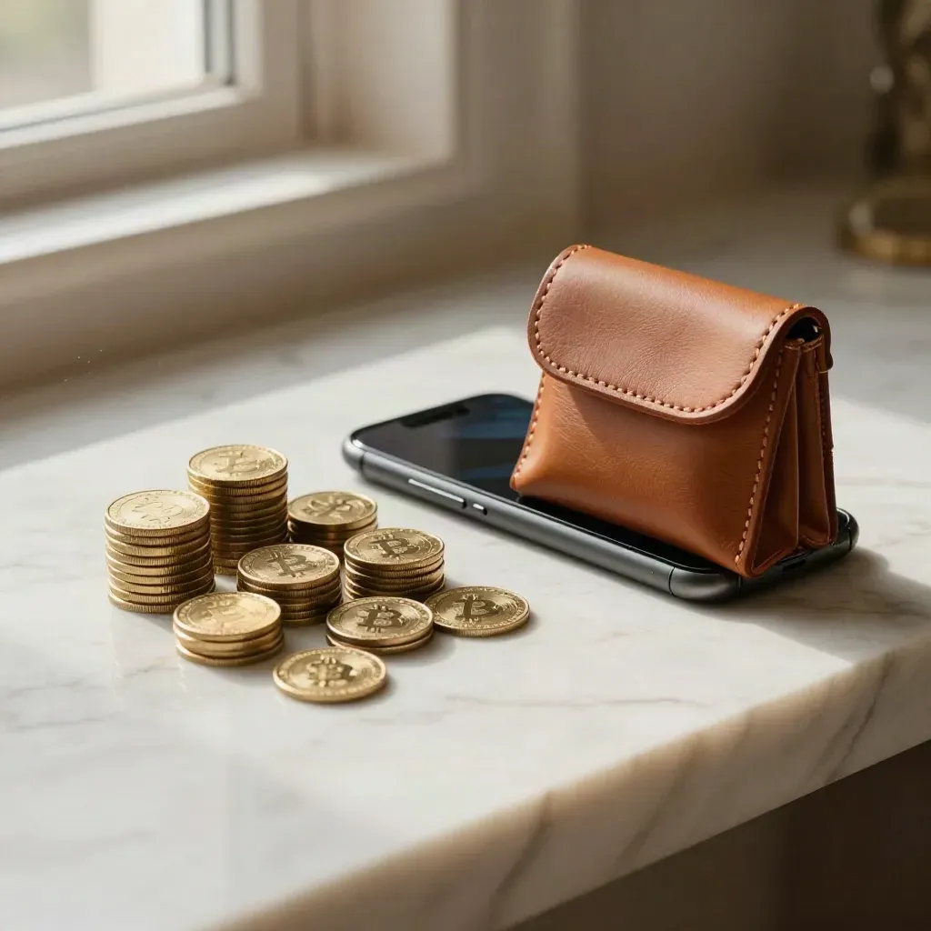 Kit fee mensili con monete, custodia in pelle e smartphone su panca di marmo