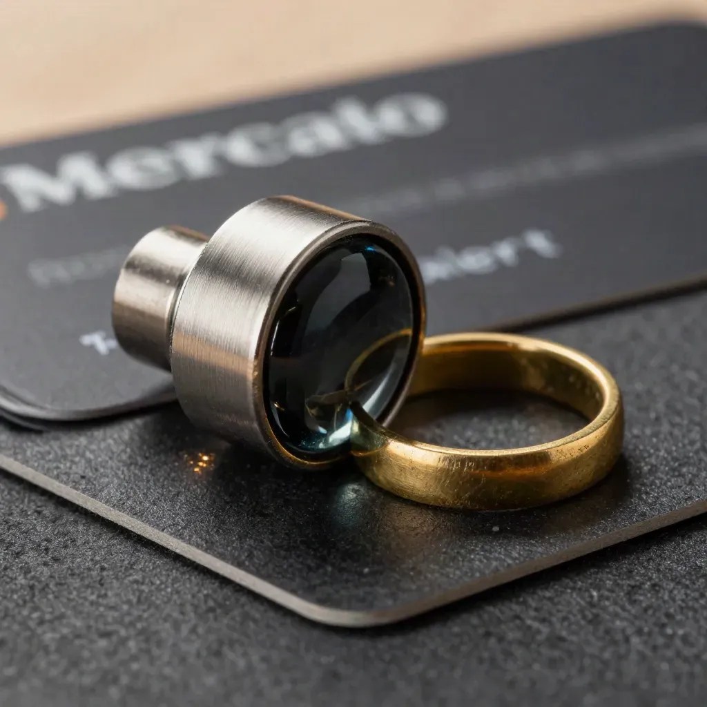 Macro di un disco in acciaio, token in vetro scuro e anello in ottone su feltro grafite