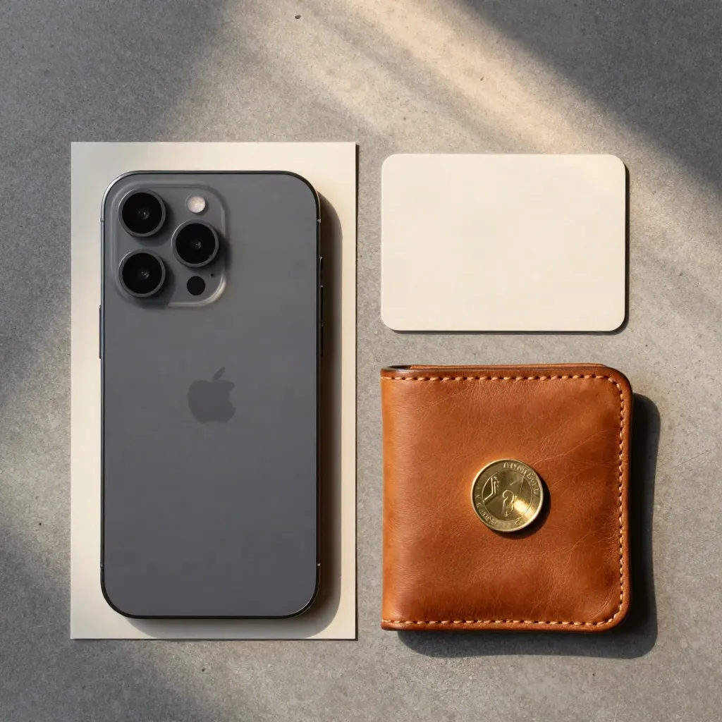 Flatlay dall’alto di onboarding crypto con smartphone, card, custodia in pelle e moneta brass.