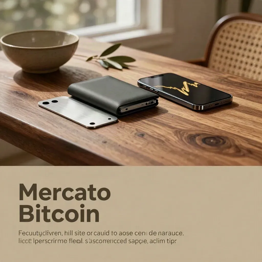 Superficie in noce con wallet Bitcoin, piatto backup e ciotola in ceramica, luce morbida dall’alto