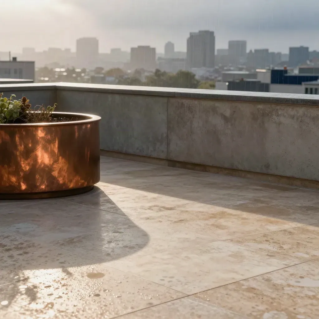 Terrazza sul tetto bagnata dalla pioggia, skyline lontano e vaso di rame in alto.