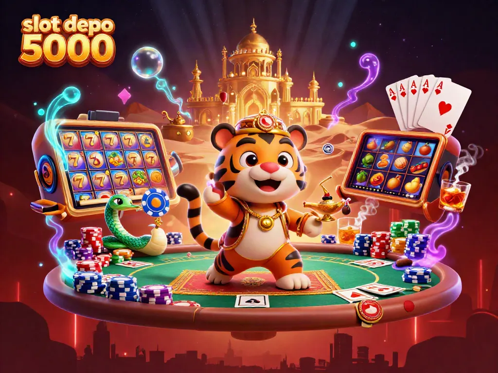 Experience the thrill of slot depo 5000 with vibrant slot reels, poker elements, and a magical 3D scene.